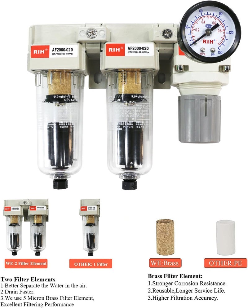 RIH Store Pneumatics 1/4'' NPT Auto Drain Compressed Air Double Filter & Regulator, Air Compressor Water Separator, Auto Drain, Poly Bowl,0-150 psi Gauge, 5 Micron Brass Element AC2110-02D(1/4 NPT) - Image 3